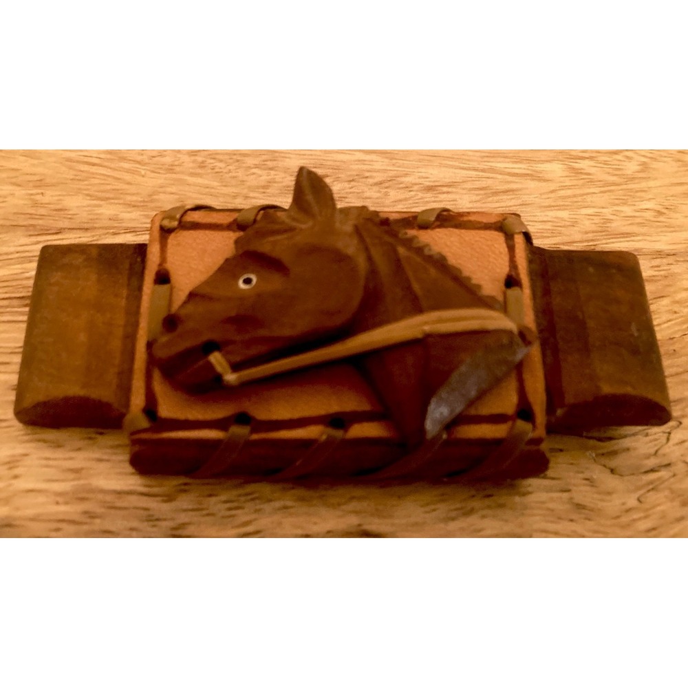 Vintage 1930's Horse‎ Western Equestrian Brooch Pin Hand Carved Wood Leather EUC